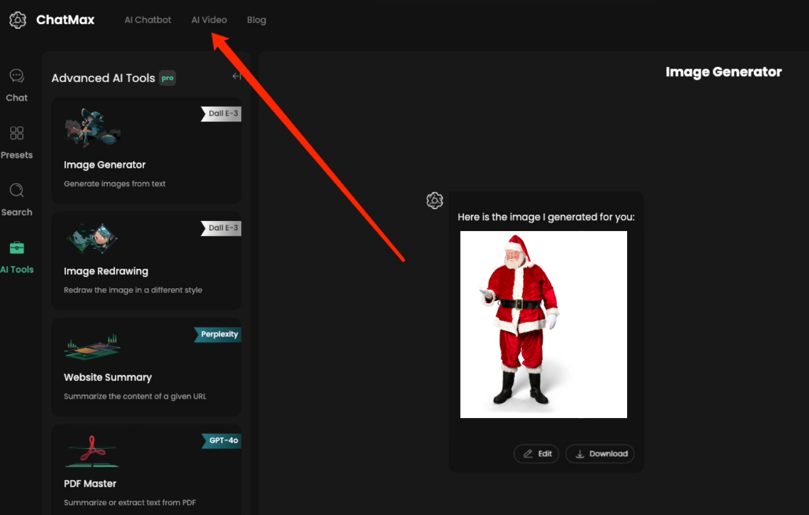 Visit ChatMax AI Video to Make Santa Dance